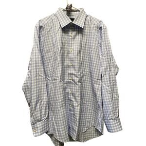 David Donahue Men's Blue Gingham Check Long Sleeve Button-Up Shirt 17.5 Casual